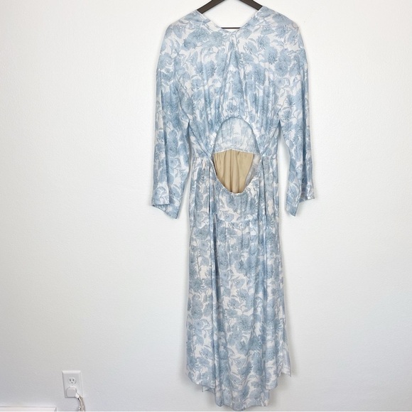 Vince Dahlia Print Long Bell Sleeves Double V Neck Rayon Flowy Maxi Dress - Picture 8 of 12